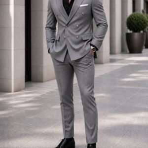Kostum Premium Double-Breasted Pinstripe – Grey