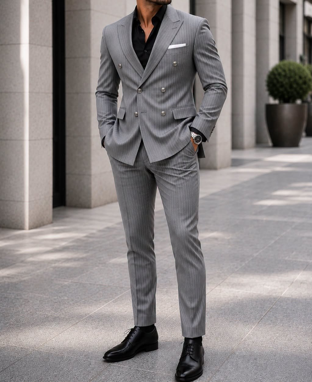 Kostum Premium Double-Breasted Pinstripe – Grey