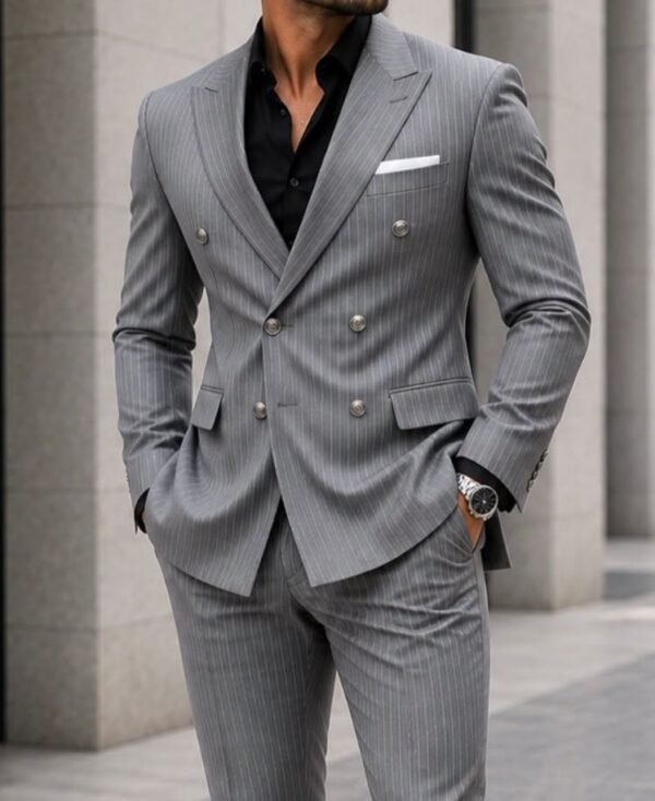 Kostum Premium Double-Breasted Pinstripe – Grey