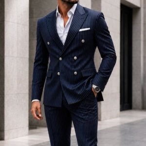 Kostum Premium Double-Breasted Pinstripe – Navy Blue
