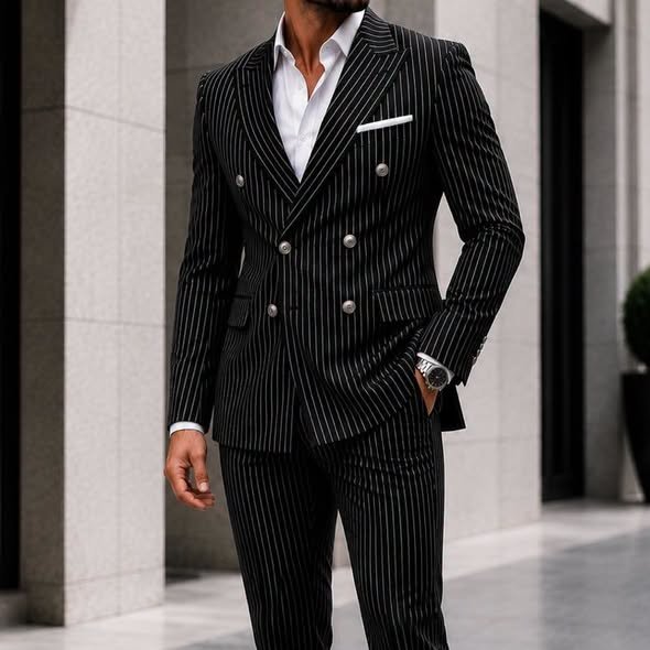 Kostum Premium Double-Breasted Pinstripe – Black