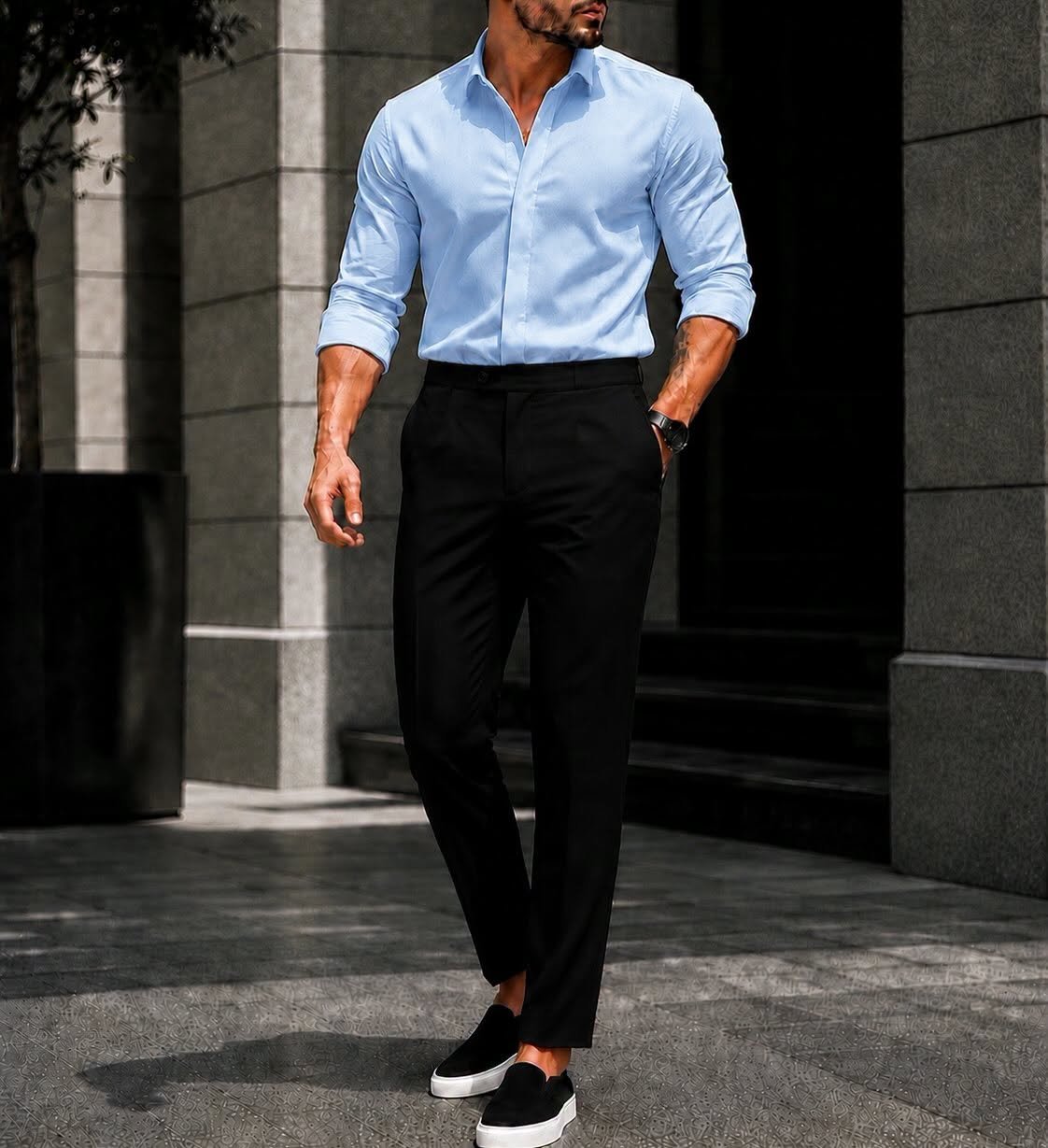 Outfit Premium Sky Blue Shirt & Black Tailored Trousers
