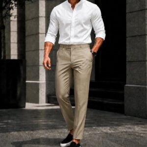 Outfit Premium White Mandarin Shirt & Beige Tailored Trousers