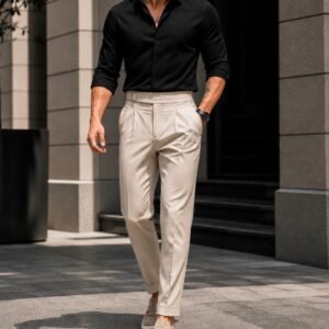 Outfit Premium Black Shirt & Cream Double-Pleated Trousers