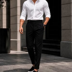 Outfit Premium White Shirt & Black Double-Pleated Trousers