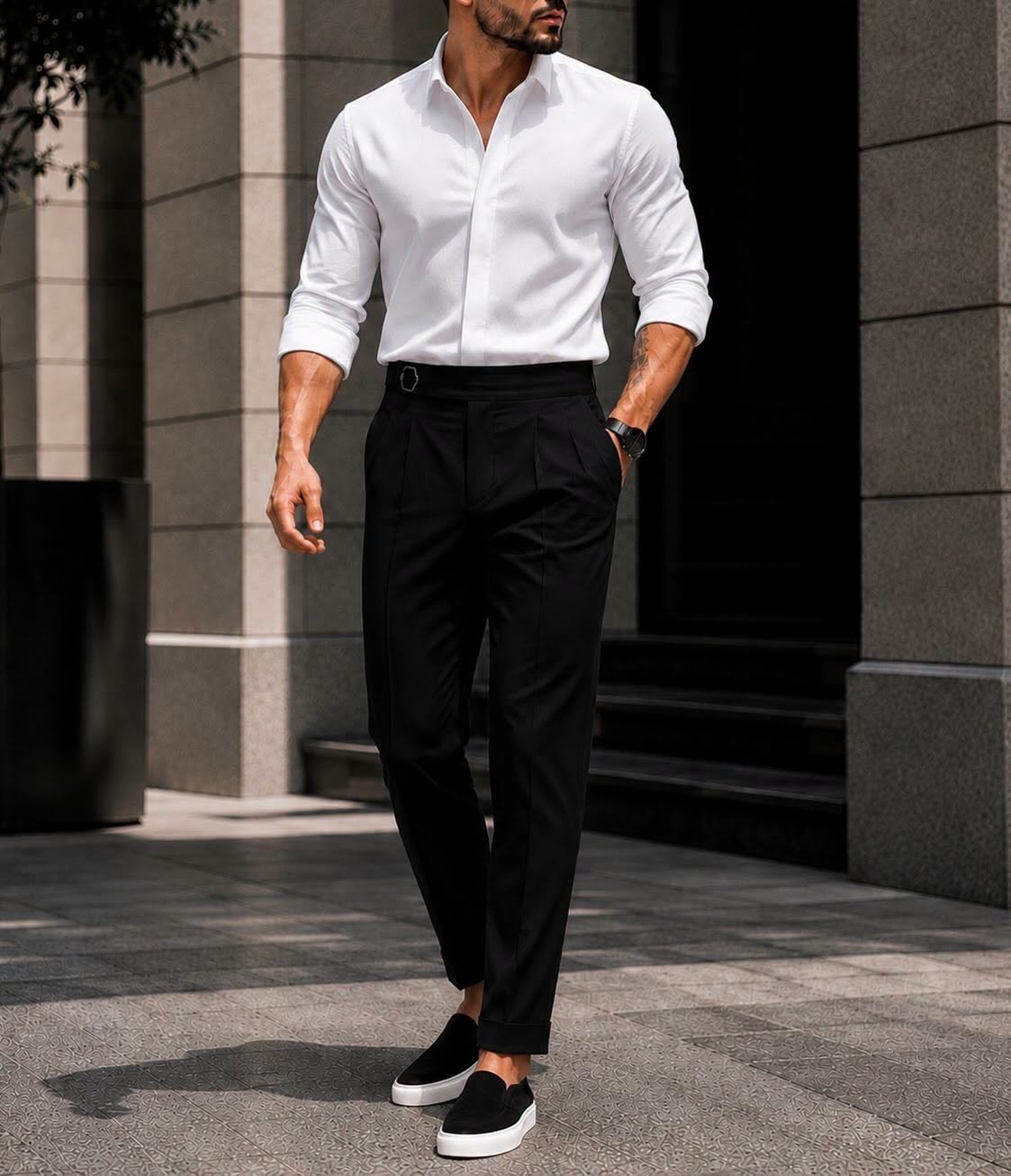 Outfit Premium White Shirt & Black Double-Pleated Trousers