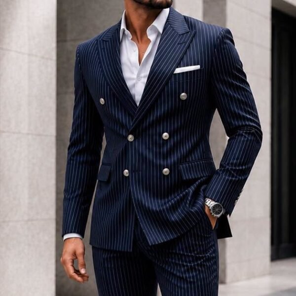 Kostum Premium Double-Breasted Pinstripe – Navy Blue