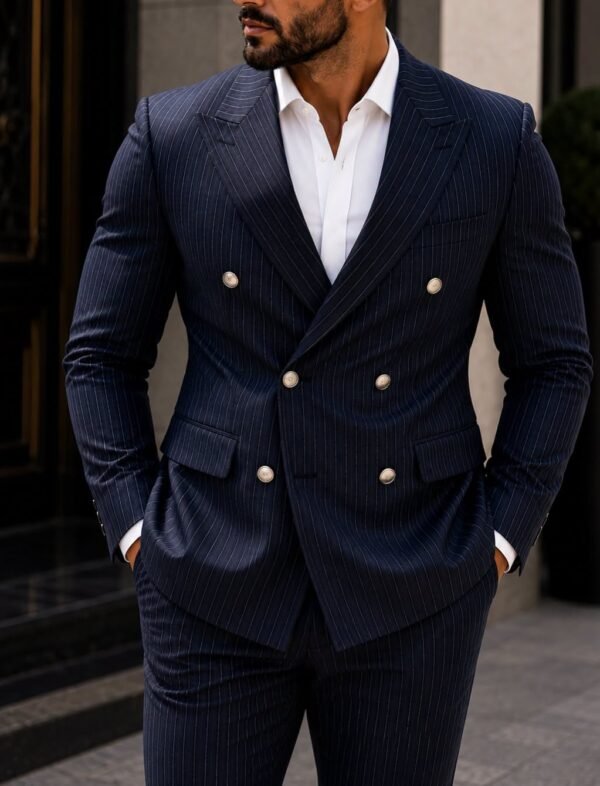 Kostum Premium Double-Breasted Pinstripe – Navy Blue