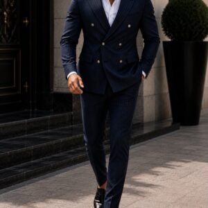 Kostum Premium Double-Breasted Pinstripe – Navy Blue