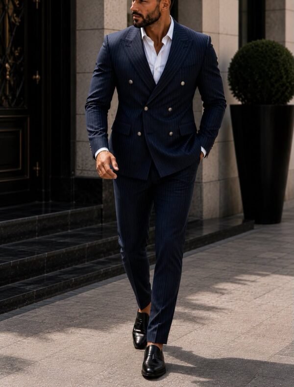 Kostum Premium Double-Breasted Pinstripe – Navy Blue