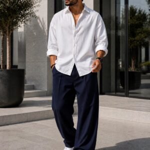 Outfit Premium Summer Linen – White & Navy