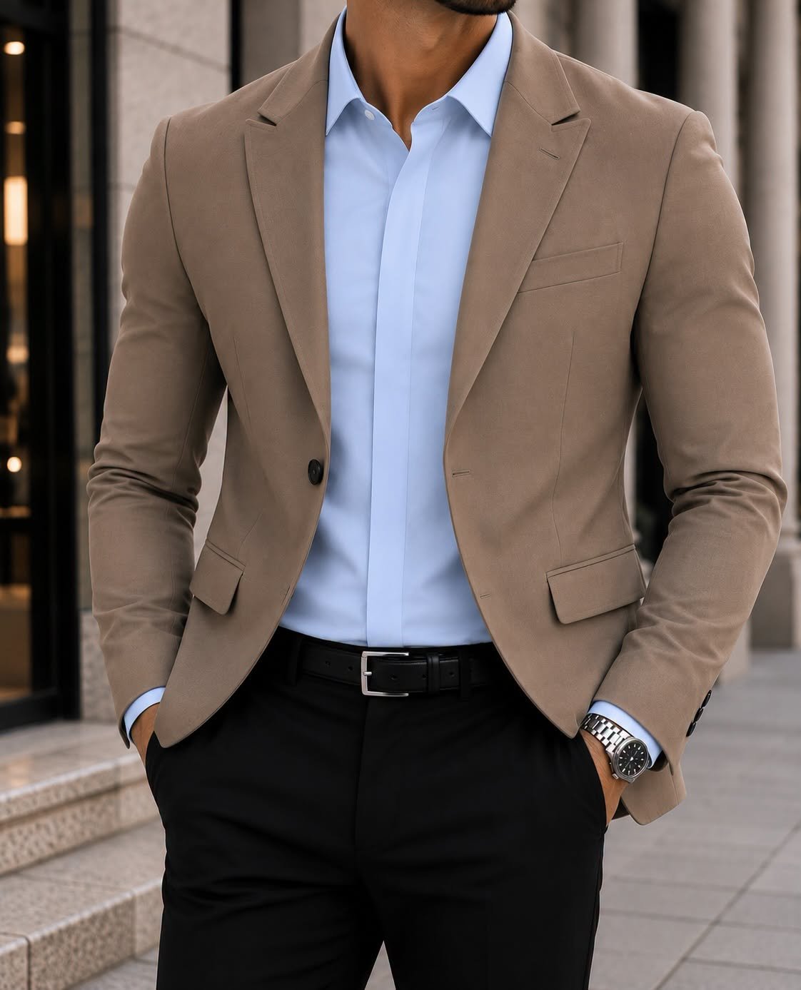 Outfit Premium Smart Casual – Taupe & Sky Blue