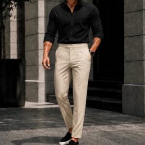 Outfit Premium Black Shirt & Cream Tailored Trousers – Elegancë Moderne