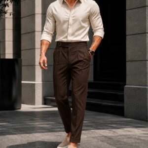Outfit Premium Smart Casual – Off White Shirt & Brown Pleated Trousers