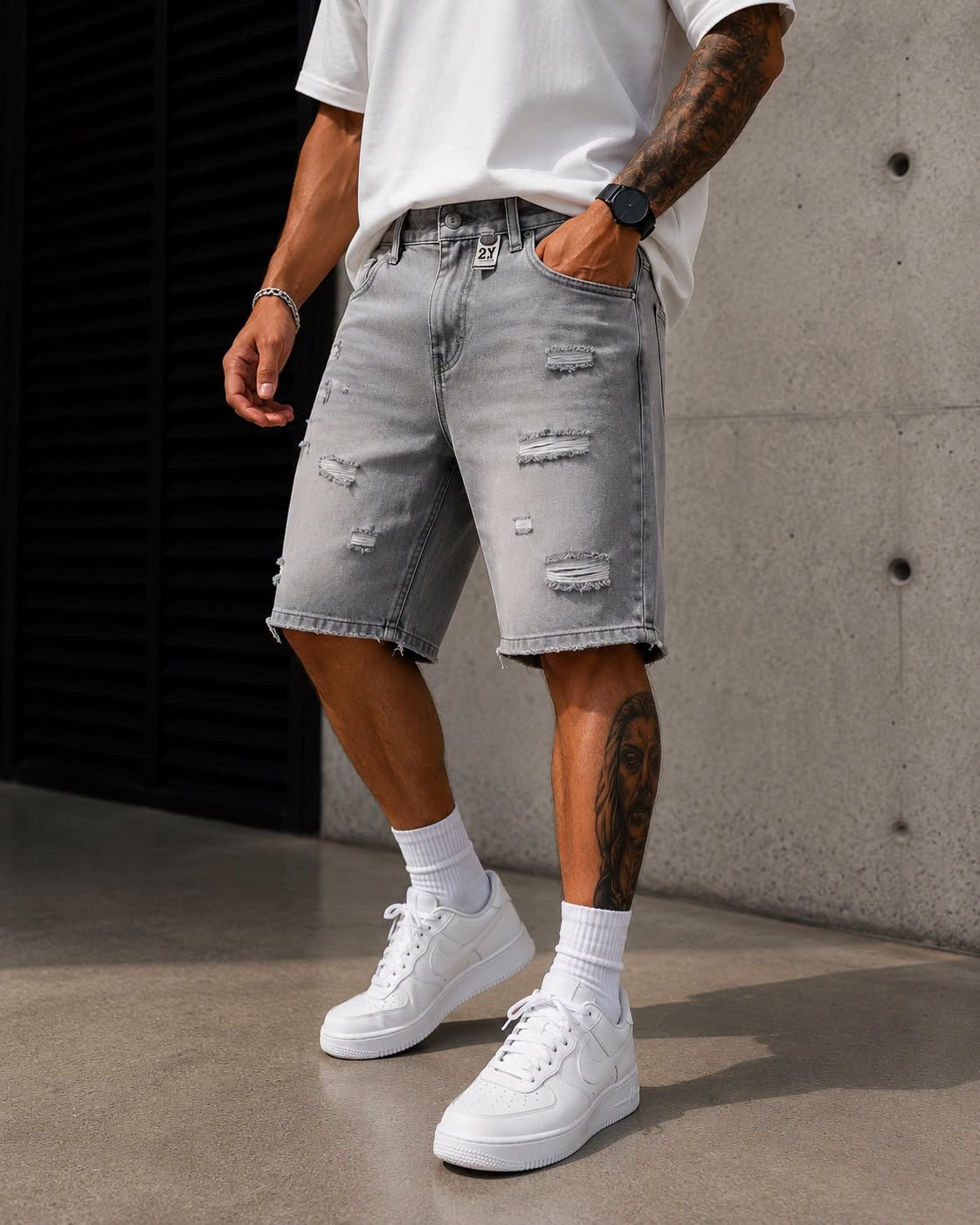 Shorce Xhinsi Premium Grey Washed Ripped – Relaxed Fit