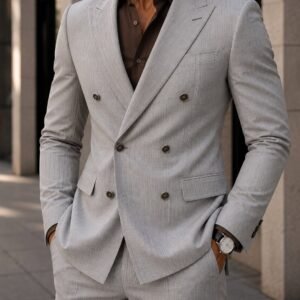 Kostum Premium Double-Breasted Pinstripe – Light Grey