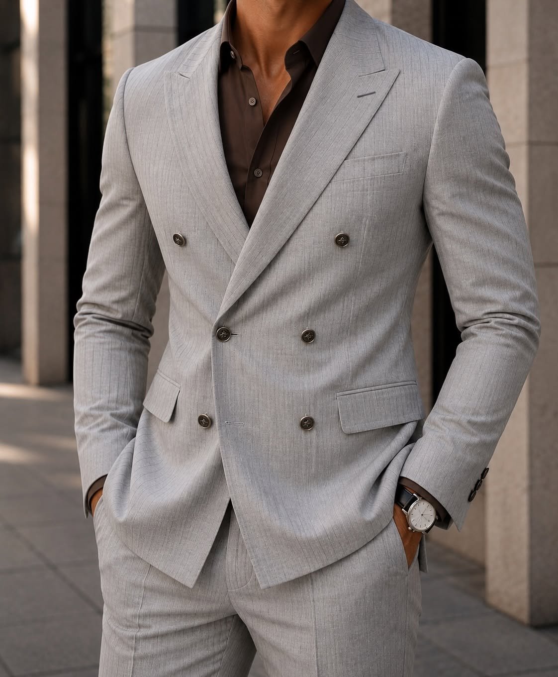 Kostum Premium Double-Breasted Pinstripe – Light Grey