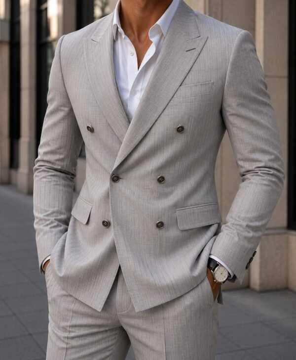 Kostum Premium Double-Breasted Pinstripe – Light Grey