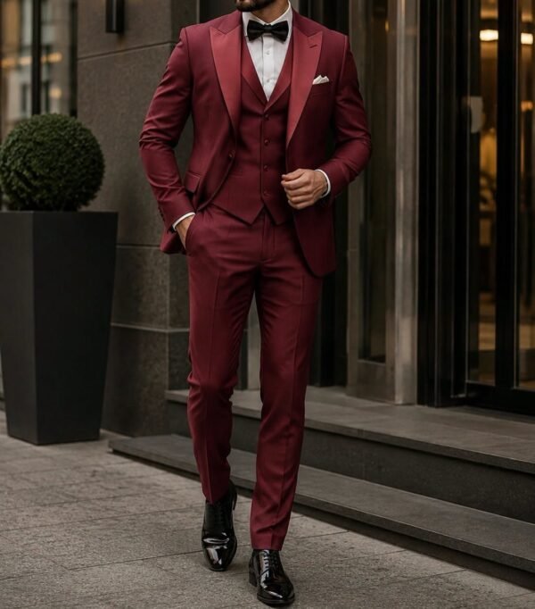 Kostum Premium Tuxedo 3-Pjesësh – Burgundy Edition