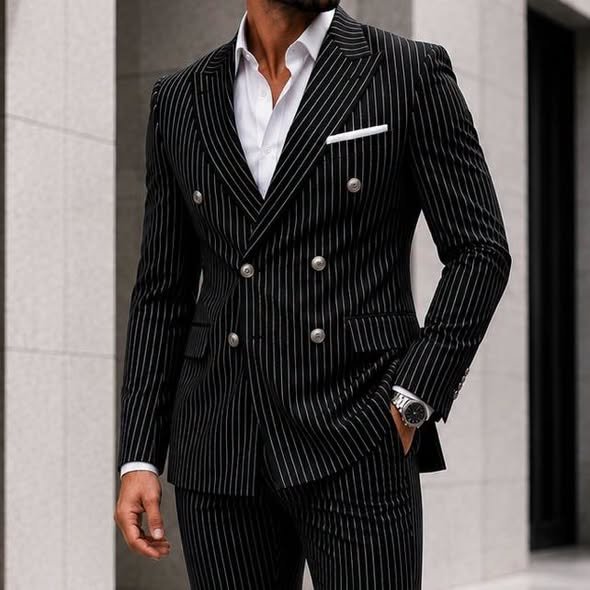 Kostum Premium Double-Breasted Pinstripe – Black
