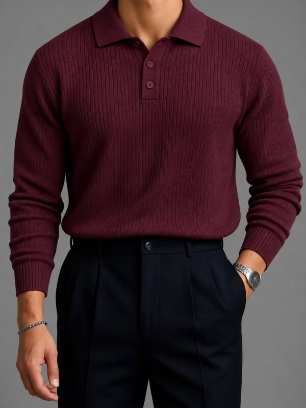 Premium Vertical-Texture Polo Sweater