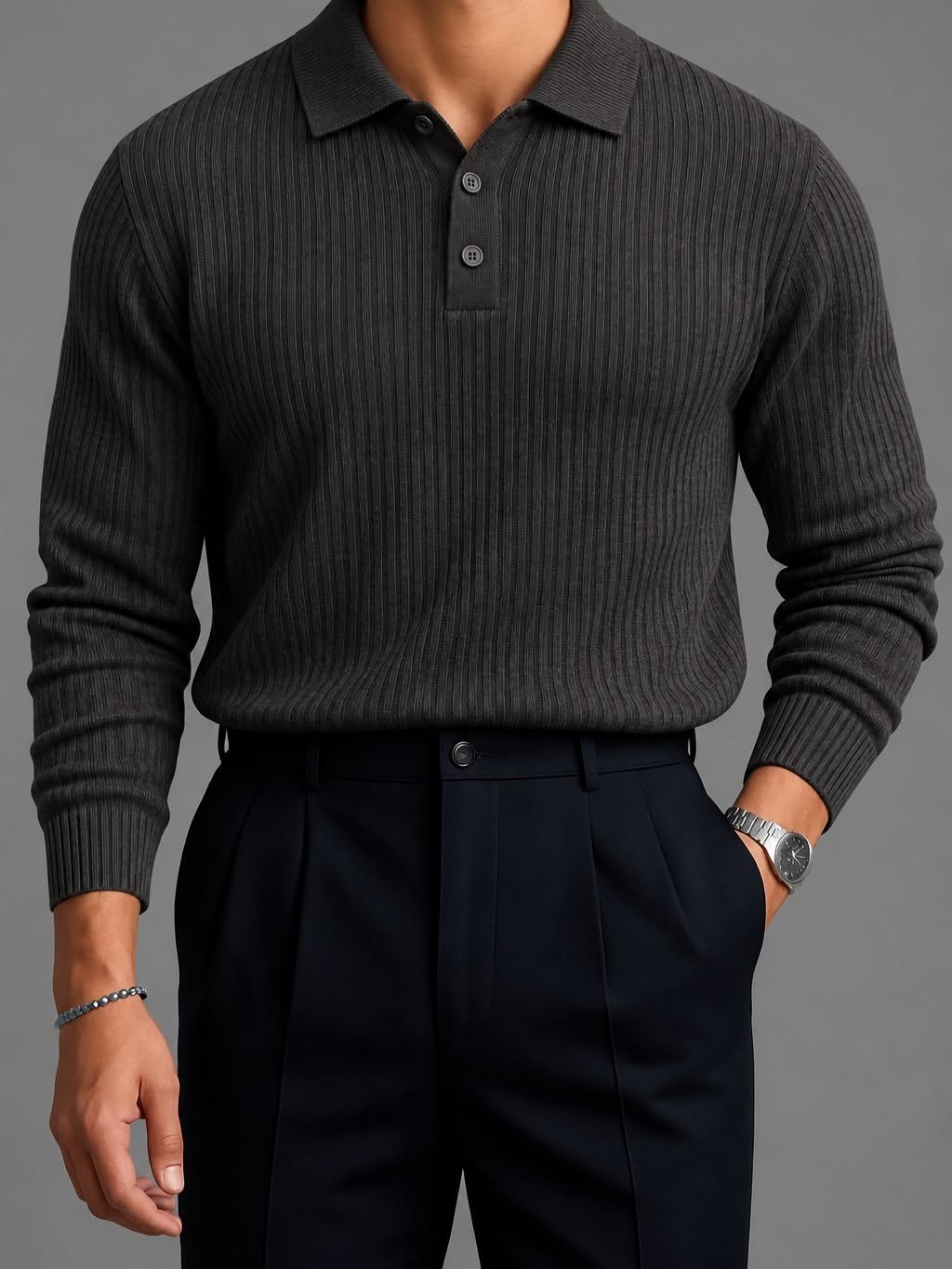 Premium Vertical-Texture Polo Sweater