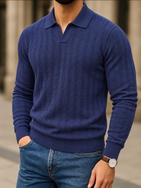 Open-Collar Textured Polo Knit – Premium Edition
