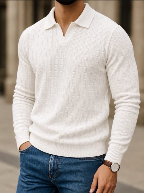 Open-Collar Textured Polo Knit – Premium Edition
