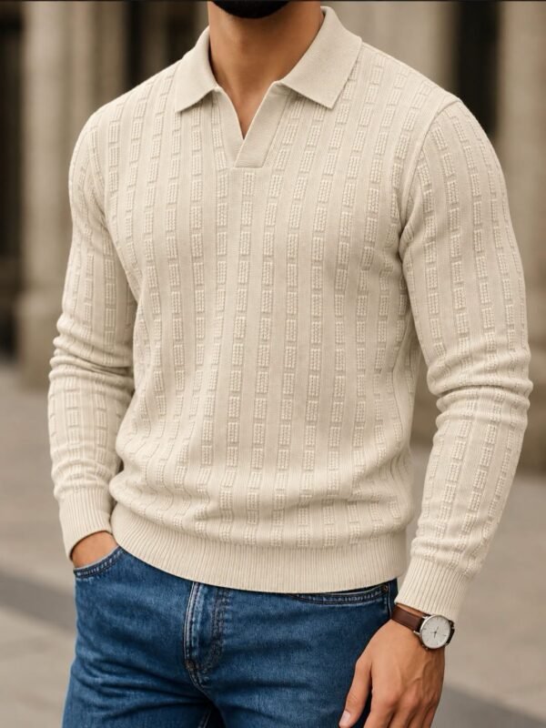 Open-Collar Textured Polo Knit – Premium Edition