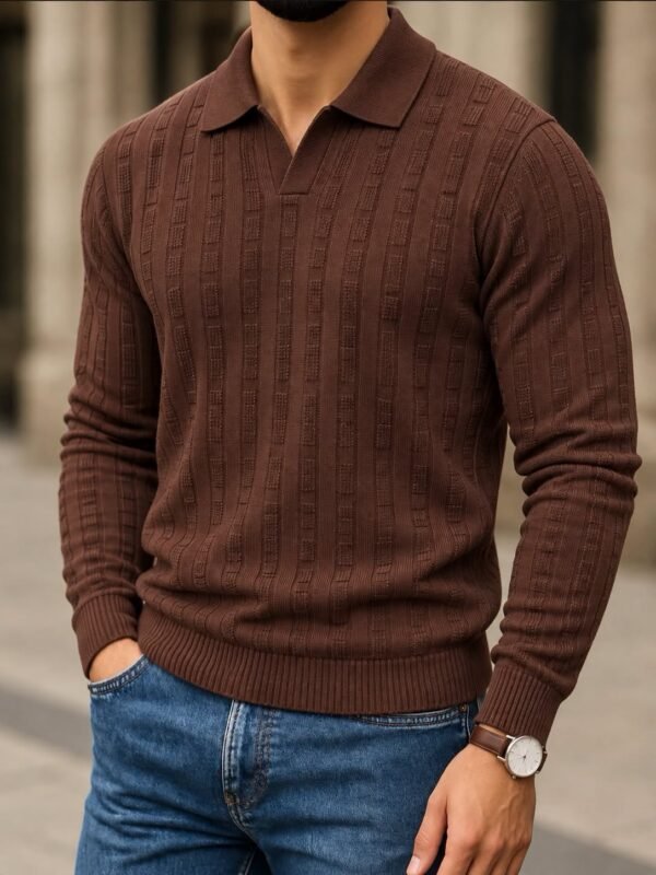 Open-Collar Textured Polo Knit – Premium Edition