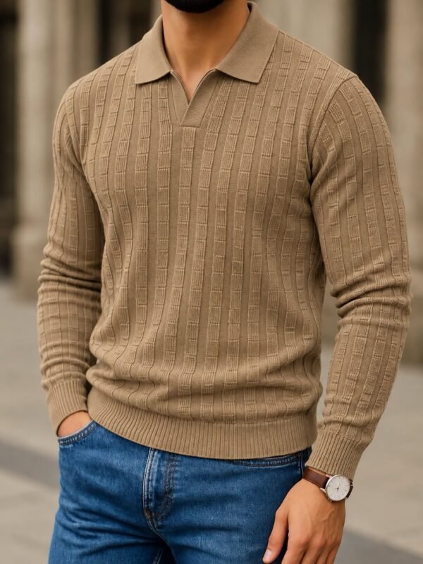 Open-Collar Textured Polo Knit – Premium Edition