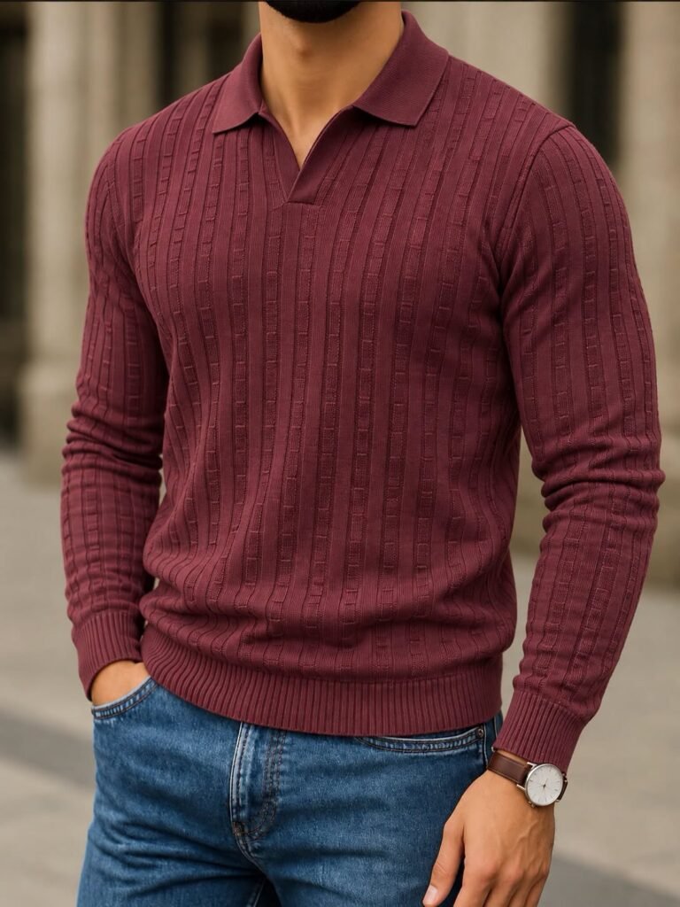 Open-Collar Textured Polo Knit – Premium Edition
