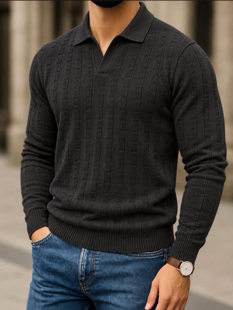 Open-Collar Textured Polo Knit – Premium Edition thumbnail 4