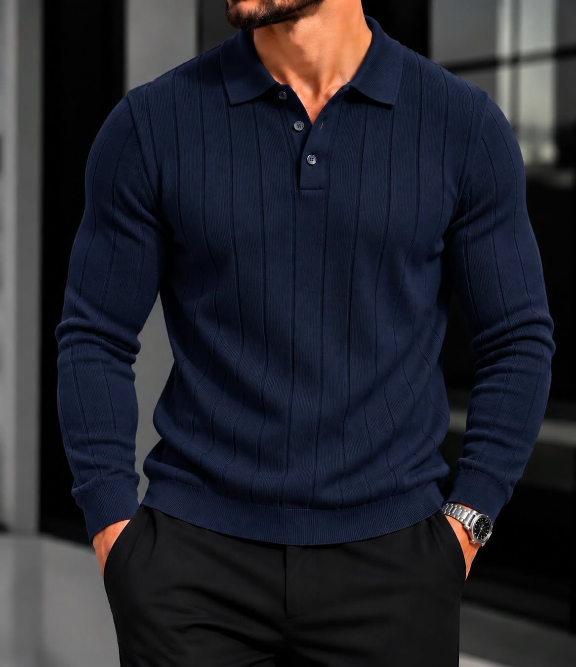 Long Sleeve Textured Polo – Timeless Elegance