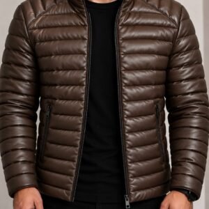 Men’s Leather-Look Puffer Jacket – Chocolate Edition