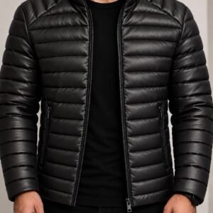 Men’s Leather-Look Puffer Jacket – Black Edition