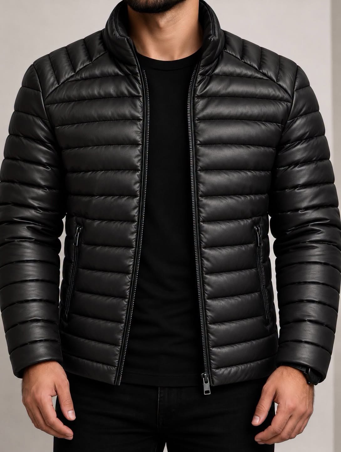 Men’s Leather-Look Puffer Jacket – Black Edition