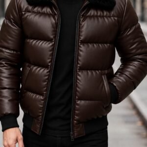 Leather-Look Puffer Bomber Jacket with Plush Collar