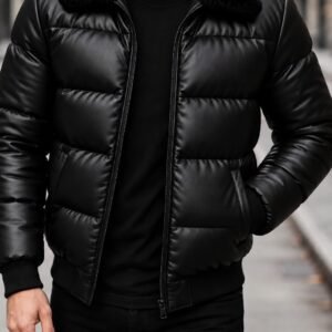 Leather-Look Puffer Bomber Jacket with Plush Collar