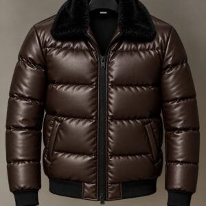 Leather-Look Puffer Bomber Jacket with Plush Collar