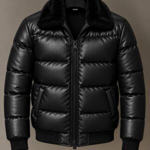 Leather-Look Puffer Bomber Jacket with Plush Collar