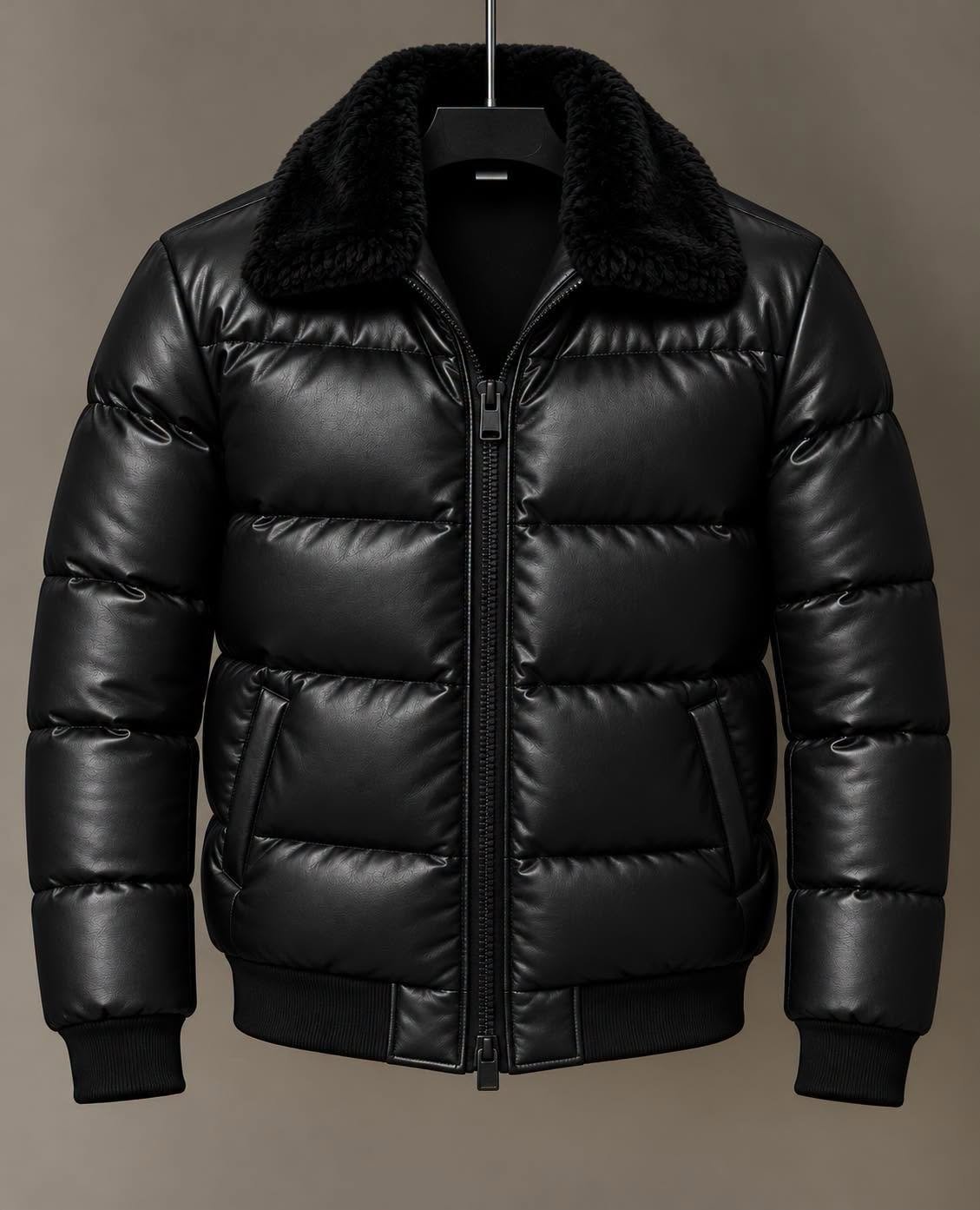 Leather-Look Puffer Bomber Jacket with Plush Collar