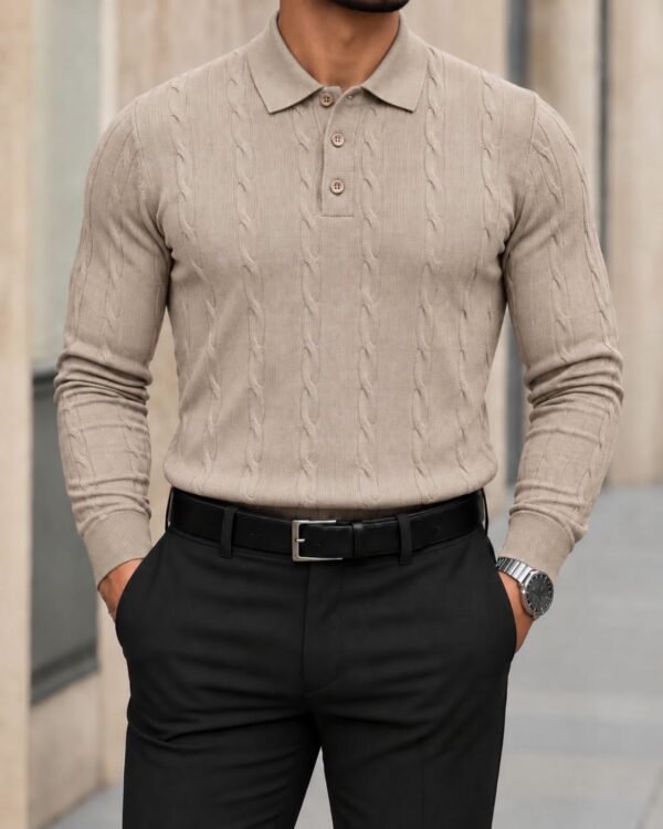 Men’s Cable Knit Polo – Classic Elegance