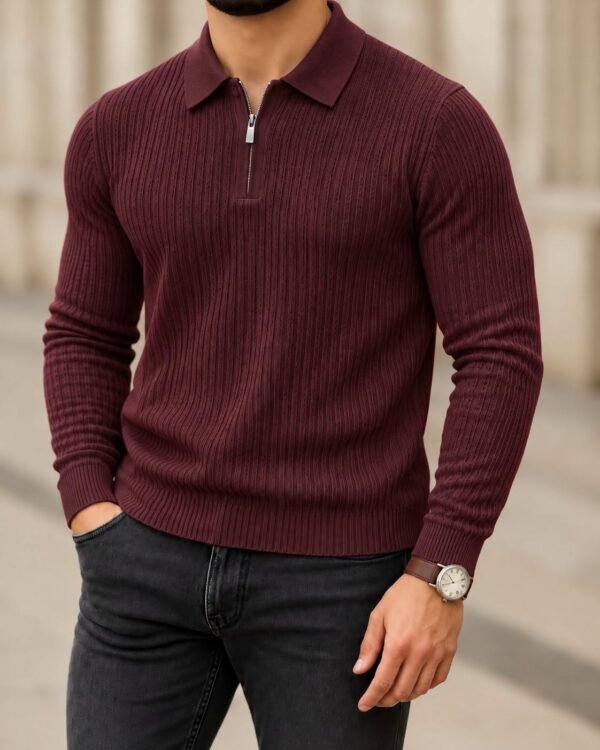 Textured Knit Zip-Neck Long Sleeve Polo