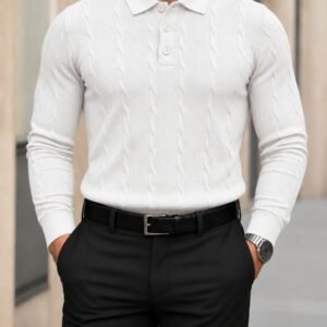 Men’s Cable Knit Polo – Classic Elegance