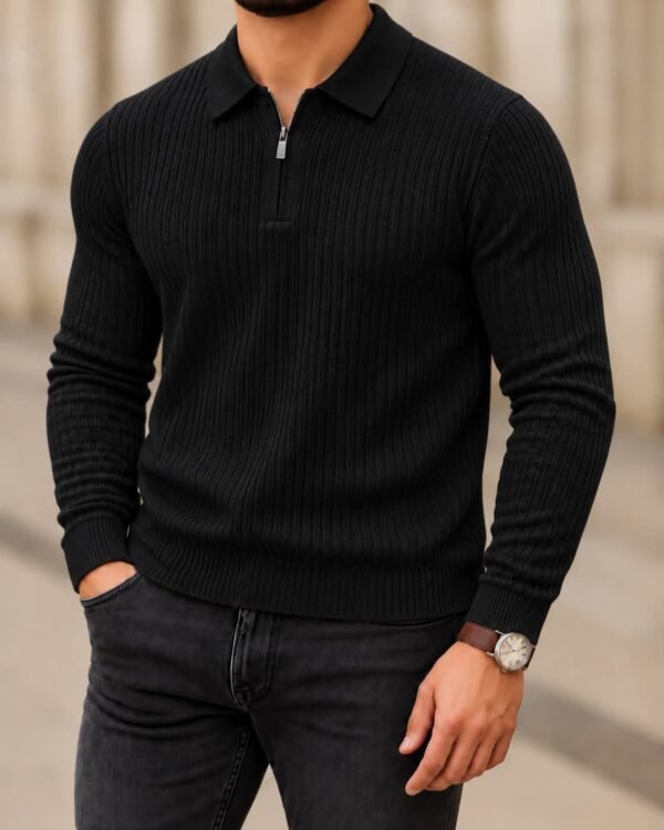 Textured Knit Zip-Neck Long Sleeve Polo