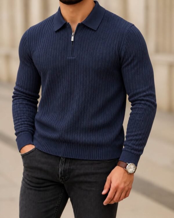 Textured Knit Zip-Neck Long Sleeve Polo