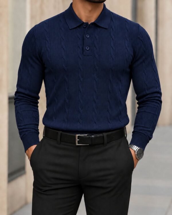 Men’s Cable Knit Polo – Classic Elegance