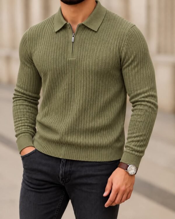 Textured Knit Zip-Neck Long Sleeve Polo