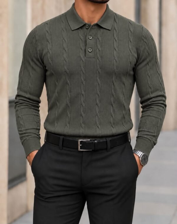 Men’s Cable Knit Polo – Classic Elegance